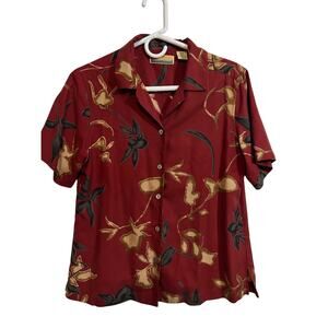 Bobby Chan Silk Blouse Red Floral Button Front Short Sleeve Top M